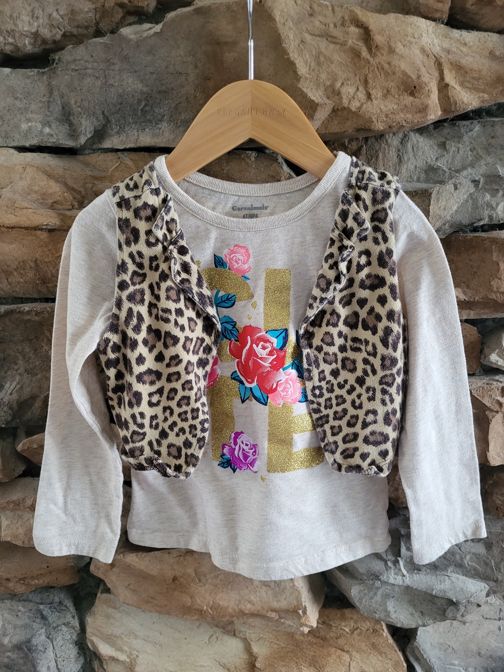 Cream Long-Sleeve Tee with Leopard Vest and Floral Gold Graphic